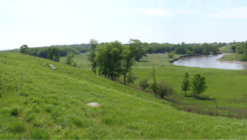 A lush green landscape with rolling hills, trees, and a winding river under a clear blue sky.