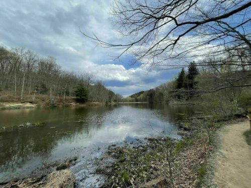 A serene lake surrounded by trees under a cloudy sky, with a winding path along the water's edge.