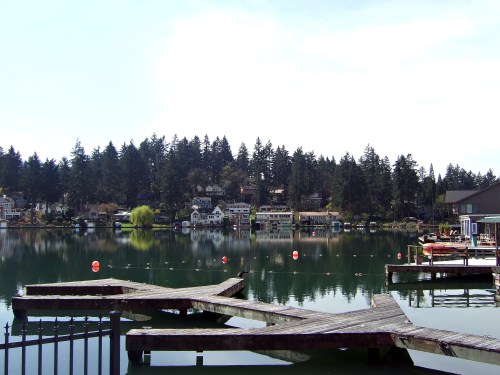 A serene lake surrounded by trees and houses, with wooden docks and buoys floating on the calm water.
