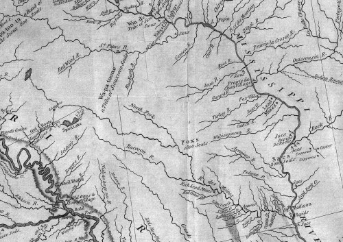 A historical map showing rivers and geographical features, with labeled locations and routes in a monochrome style.