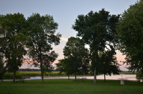A serene park scene with tall trees, green grass, and a calm lake at sunset. Picnic tables are visible in the foreground.