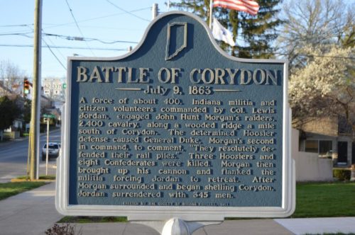 Historical marker for the Battle of Corydon, July 9, 1863, detailing the conflict between Indiana militia and Morgan's forces.