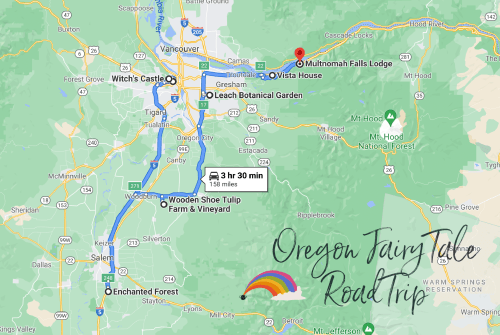 Map showing a route for the "Oregon Fairy Tale Road Trip," highlighting key locations and travel time.