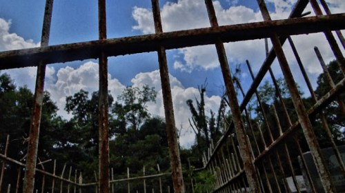 Rusty metal bars frame a view of a blue sky with fluffy clouds and trees in the background.