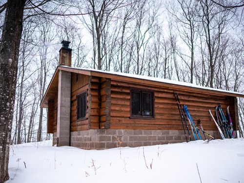 A cozy log cabin in a snowy forest, with skis leaning against the wall and bare trees surrounding it.