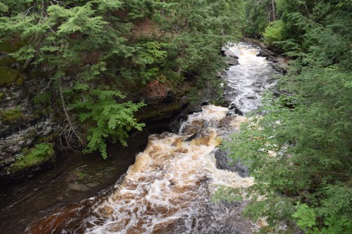 A winding river flows through a lush green forest, with frothy water and rocky banks visible.