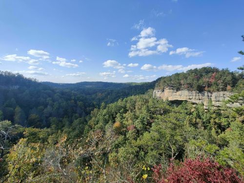 A scenic view of a lush green valley surrounded by cliffs under a blue sky with scattered clouds.