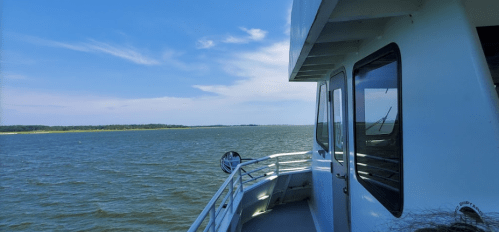 View from a boat deck, showing calm waters and a clear blue sky with distant land on the horizon.