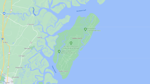 Map showing Sapelo Island and surrounding areas, including Richard Reynolds State Wildlife Refuge and Blackbeard Island Wilderness.