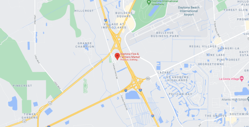 Map showing the location of Daytona Flea & Farmers Market near Daytona Beach, Florida, with nearby landmarks and roads.