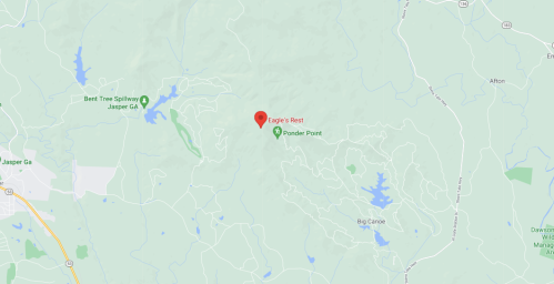 Map showing the location of Eagle's Rest and Ponder Point near Jasper, Georgia, with surrounding green areas.