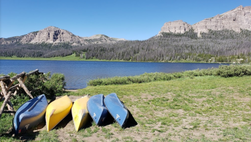 Five colorful kayaks lined up on a grassy shore by a serene lake, surrounded by mountains and clear blue skies.