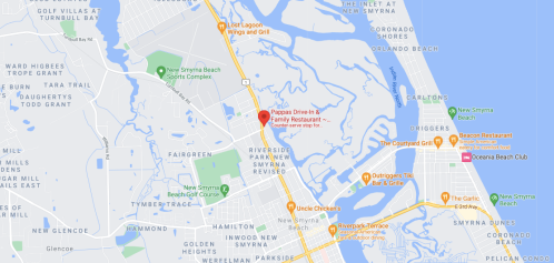 Map showing the location of Papa's Drive-In & Family Restaurant in New Smyrna Beach, Florida, near various landmarks.