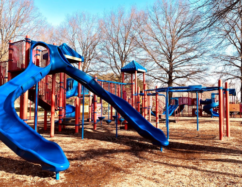 A colorful playground with blue slides and climbing structures, surrounded by bare trees and a clear blue sky.