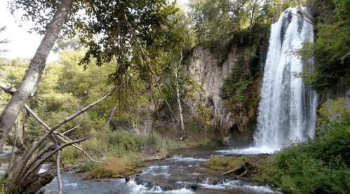 A serene waterfall cascades down rocky cliffs, surrounded by lush greenery and a tranquil stream below.