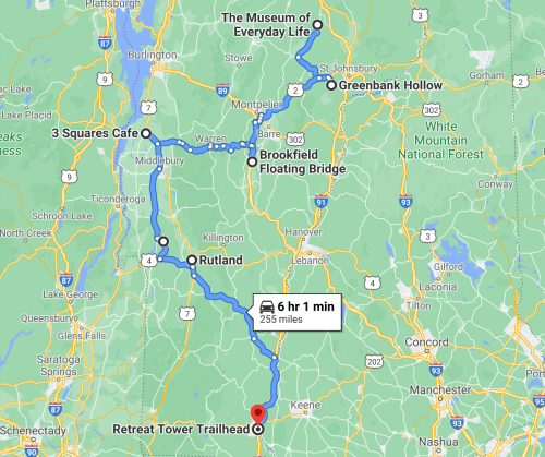 Map showing a route from Retreat Tower Trailhead to various locations, including 3 Squares Cafe and the Museum of Everyday Life.