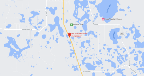 Map showing the location of Red Wing Restaurant near Wilmore Park, surrounded by lakes and vacation houses.