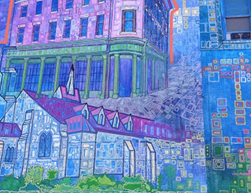 Colorful mural featuring abstract buildings and architectural elements in vibrant hues of blue, pink, and green.