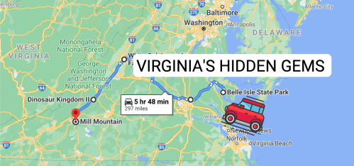 Map showing a route from Mill Mountain to Belle Isle State Park in Virginia, labeled "Virginia's Hidden Gems."