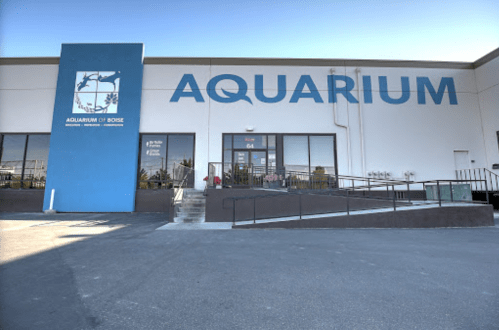 Exterior of the Aquarium of Boise, featuring a blue sign and entrance with steps leading up to the building.