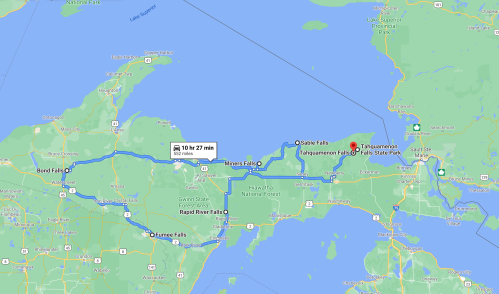 Map showing a route from Bord Falls to Tahquamenon Falls, highlighting travel time of 10 hours and 27 minutes.