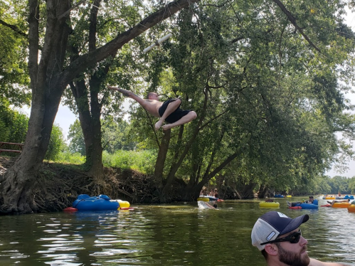 A person jumps off a tree into a river while others float nearby on inflatable tubes.