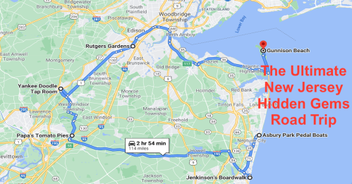 Map of New Jersey highlighting a road trip route to hidden gems, including Gunnison Beach and Asbury Park.
