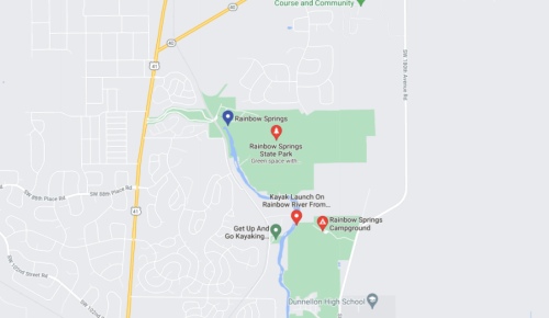 Map showing Rainbow Springs State Park, kayak launch, and campground in Dunnellon, Florida, with nearby roads and green spaces.