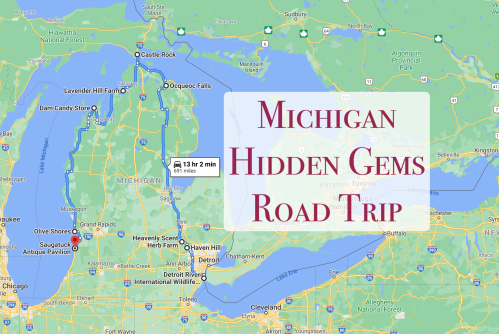 Map of a Michigan road trip highlighting hidden gems, featuring routes and key locations like Saugatuck and Olive Shores.