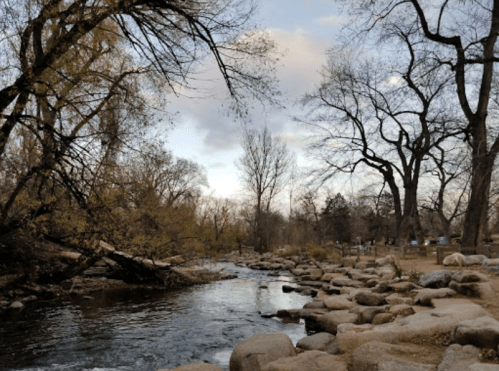 A serene river flows through a rocky landscape, surrounded by bare trees and a cloudy sky.