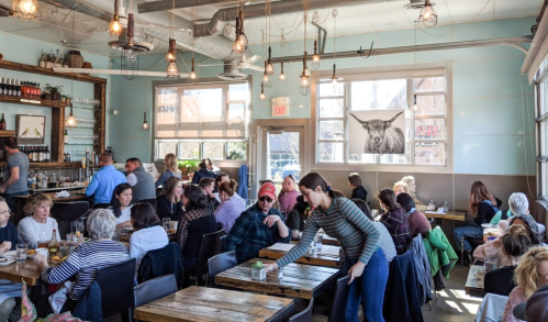 A busy restaurant with patrons dining, a server clearing a table, and a large cow painting in the window.