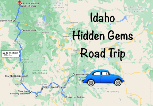Map of Idaho highlighting a road trip route to hidden gems, featuring landmarks and a blue vintage car illustration.