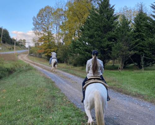 Two riders on horseback travel down a gravel path surrounded by trees and autumn foliage.