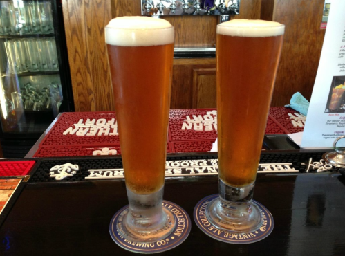 Two tall glasses of amber beer with frothy tops, sitting on a bar counter with coasters underneath.