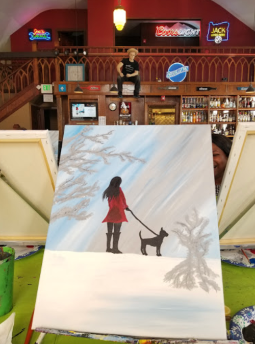 A painting of a woman in a red coat walking a dog in a snowy landscape, with a bar scene in the background.