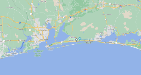Map showing the coastline near Pensacola, Florida, including Navarre and nearby highways and landmarks.