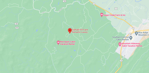 Map showing Daffodil Hill Farm location, surrounded by vacation rentals and nearby attractions in a green landscape.