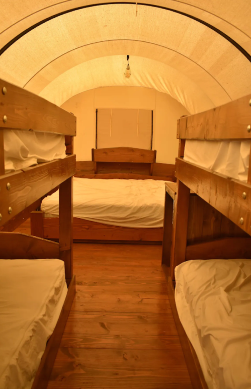 Interior of a cozy cabin with wooden bunk beds and a warm, inviting atmosphere.
