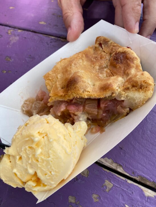 A slice of rhubarb pie served with a scoop of vanilla ice cream on a purple table.