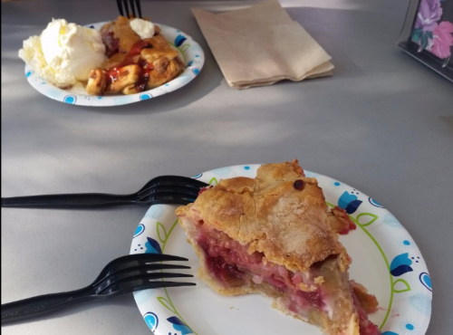A slice of pie on a paper plate with a scoop of ice cream in the background, both served with black forks.