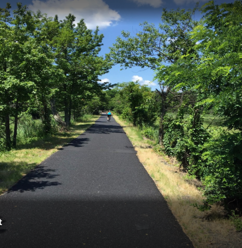 A paved path surrounded by trees, with a person biking in the distance under a blue sky.