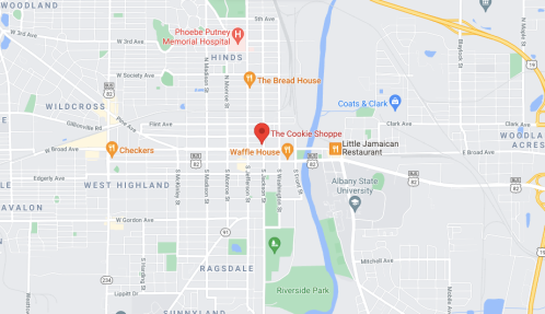 Map showing locations of The Cookie Shoppe, Waffle House, and Phoebe Putney Memorial Hospital in a city area.