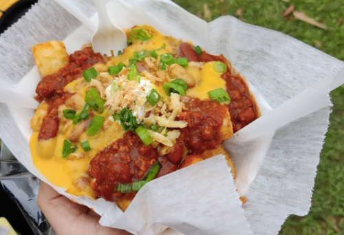 A hand holding a tray of loaded nachos topped with chili, cheese, green onions, and crispy onions on a bed of tortilla chips.
