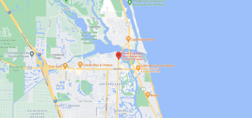 Map showing the location of Dune Dog Cafe in Jupiter, Florida, near the coastline and various nearby restaurants.