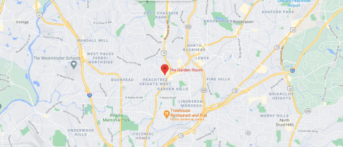 Map showing the location of "The Garden Room" in Atlanta, Georgia, near various parks and neighborhoods.