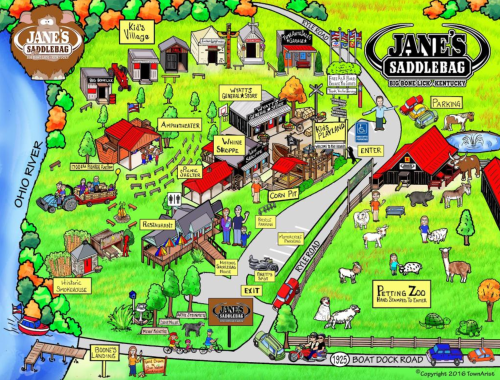 Map of Jane's Saddlebag in Kentucky, featuring attractions like a petting zoo, restaurant, and various shops.