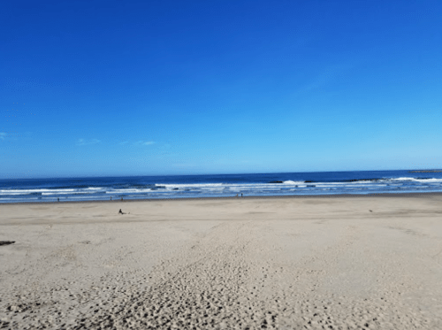 A wide sandy beach under a clear blue sky, with gentle waves and a few people in the distance.
