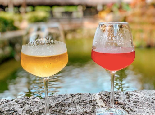 Two wine glasses sit on a stone ledge by a pond, one filled with yellow wine and the other with red wine.