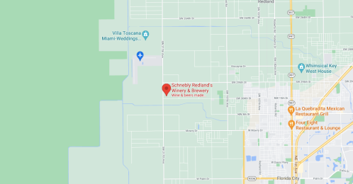 Map showing the location of Schnebly Redlands Winery & Brewery near Miami, Florida, with nearby landmarks and roads.