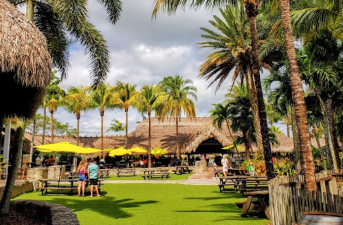 A tropical outdoor dining area with palm trees, thatched roofs, and yellow umbrellas over picnic tables.